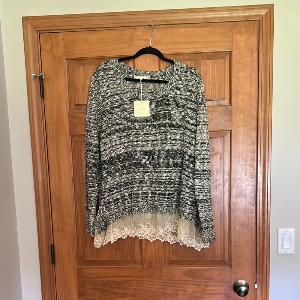 Women's Black and White Sweater with Lace Hem